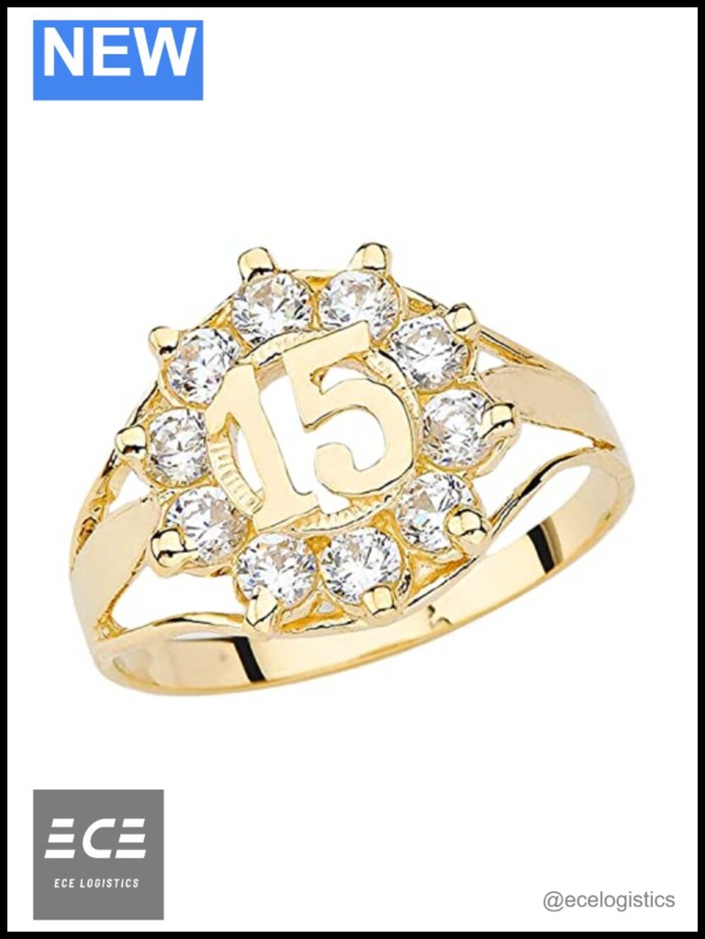 10K Yellow Gold Round Cubic Zirconia Quinceanera 15 Ring Size 7